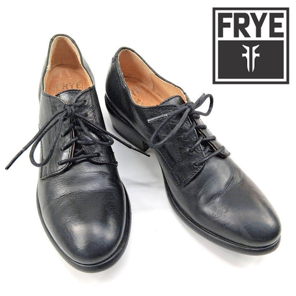Frye Carson Oxford Black Leather Lace Up Low Stacked Heel Almond Toe SZ 7